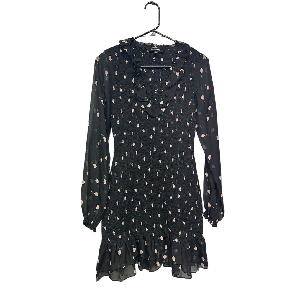 Intermix Dark Romance Black Rosebud Smocked Silk Blend Mini Dress Size S
